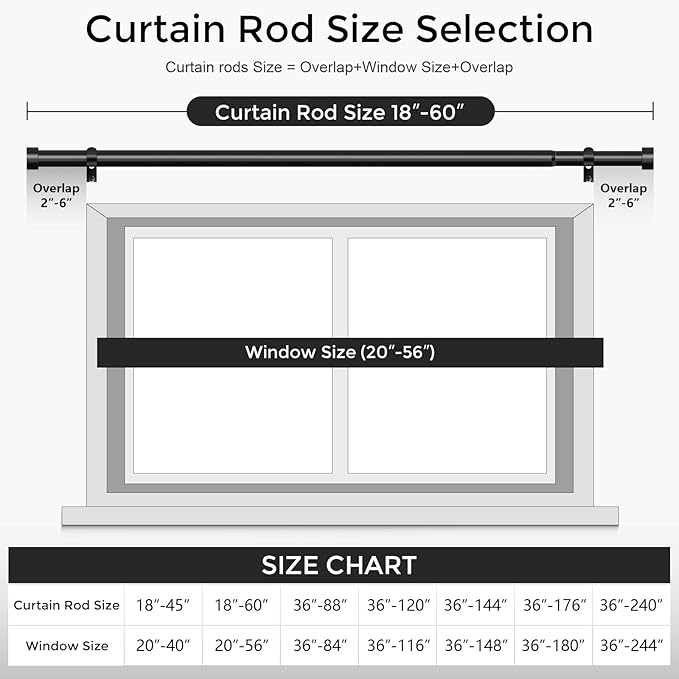 VOIIY Curtain Rods for Windows 28 to 48 Inch(1.5-5 Feet),Black 1'' Diameter Drapery Rods with End Cap Style Design,Modern Adjustable Heavy Duty Curtain Rod,Size:30''-60''