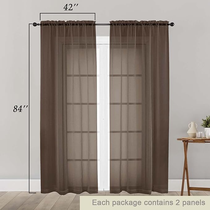 Chocolate Sheer Curtains 84 Inches Long 2 Panels, Soft Light Filtering Curtains for Bedroom Living Room, Modern Rod Pocket Privacy Drapes Window Treatments, Chocolate, Total Wide 84 Inch