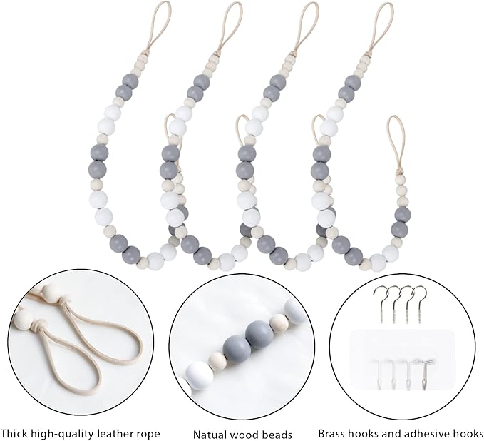 OCIOLI 4 Pieces of Wood Bead Curtain Tieback Boho Curtain Holdbacks Curtain Hooks for Wall Curtain Ties Curtain Tie Backs for Bedroom Decor Boho Nursery Decor(White, Grey, Wood Color, 4)
