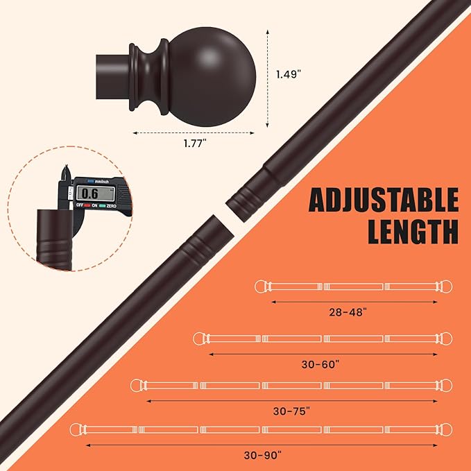 Curtain Rods for Windows 30 to 75 Inch, 5/8 Inch Heavy Duty Decorative Curtain Rod with Ball End Caps, Adjustable Brackets. Easy to install. Brown.