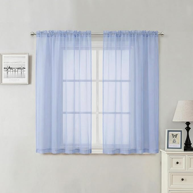 Lecloud Denim Blue Sheer Curtains 54 Inch Length 2 Panels, Voile Light Filtering Bedroom Curtains for Living Room Windows, Rod Pocket Rustic Solid Drapes for Dining Room, Each Panel 42" W x 54" L