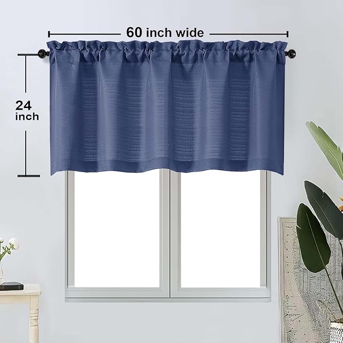 OWENIE Bob 1 PCS Blue Valances for Windows, Faux Linen Textured Kitchen Window Curtains Valance for Bedroom Living Room, Modern Soft Airy Solid Rod Pocket Bathroom Cafe Curtain, 60Wx24L Inch