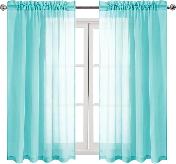 DWCN Aqua Sheer Curtains Semi Transparent Voile Rod Pocket Curtains for Bedroom and Living Room, 52 x 54 inches Long, Set of 2 Panels