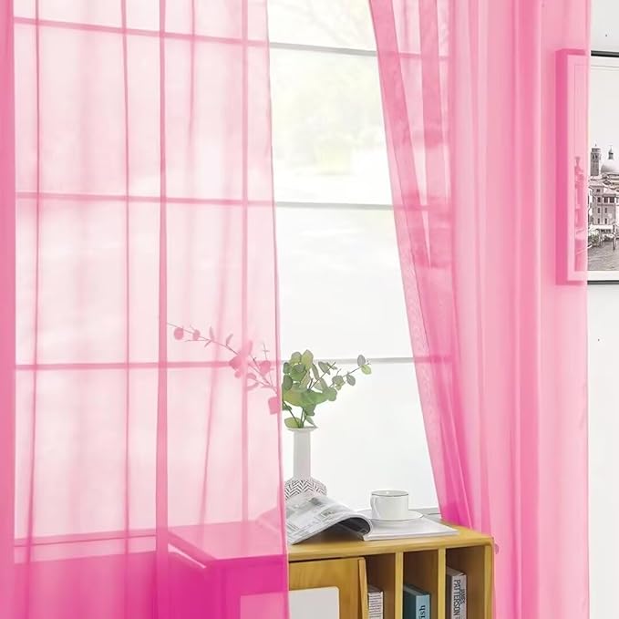 SpaceDresser Basic Rod Pocket Sheer Voile Window Curtain Panels Pink 1 Pair 2 Panels 52 Width 90 Inch Long for Kitchen Bedroom Children Living Room Yard（Pink, 52W x 90L）