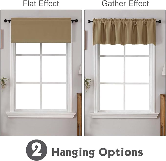 Chyhomenyc Taupe Valances for Window, Room Darkening Short Curtains for Kitchen Bedroom Living Room, Rod Pocket Top Small Window Treatment Valance RV Bunk Panels, 40Wx18L, 2 Pieces