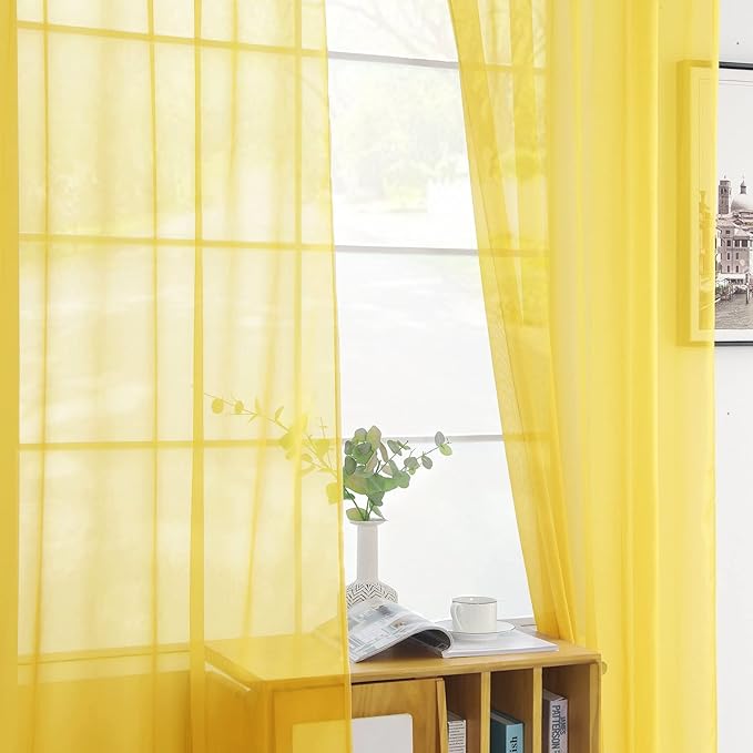 youleyar Solid Sheer Rod Pocket Curtain Voile Draperies 2 Panels White Beige Black Grey Coffee 52 Inch Width 108 Inch Long 1 Pair for Kitchen Bedroom Children Living Room Yard (Yellow,52Wｘ108L)