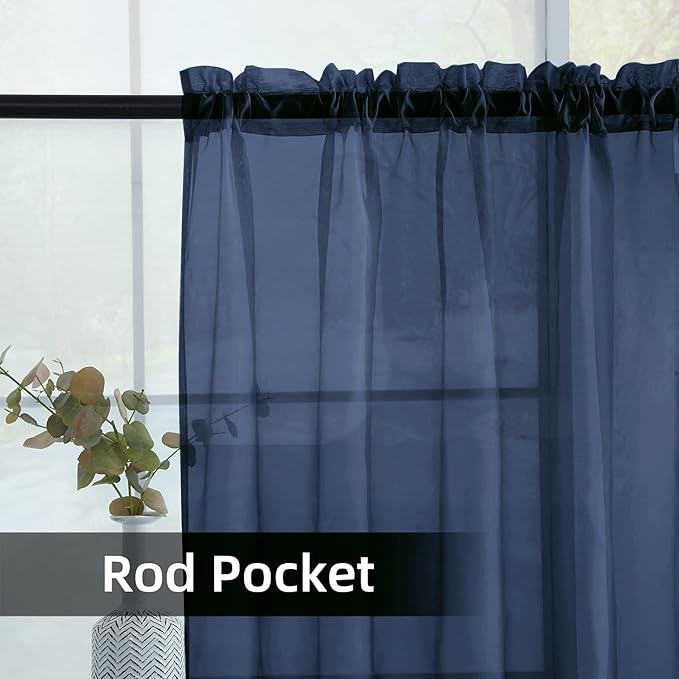 SpaceDresser Sheer Voile Window Treatment Rod Pocket Curtain Panels for Kitchen Bedroom Living Room Drapes Sunlight Filtering Privacy Semi Home Decor Assorted Colors Sizes (Navy, 52 W x 45 L)