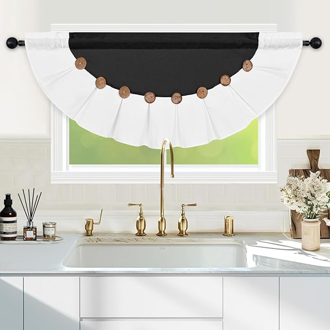 FRAMICS Farmhouse Valance Curtains, Boho Cotton Linen Kitchen Valance, Black Rustic Button Window Valances for Bedroom, Country Rod Pocket Valances for Windows, Semi-Circular, Black, 52 x 18 Inch