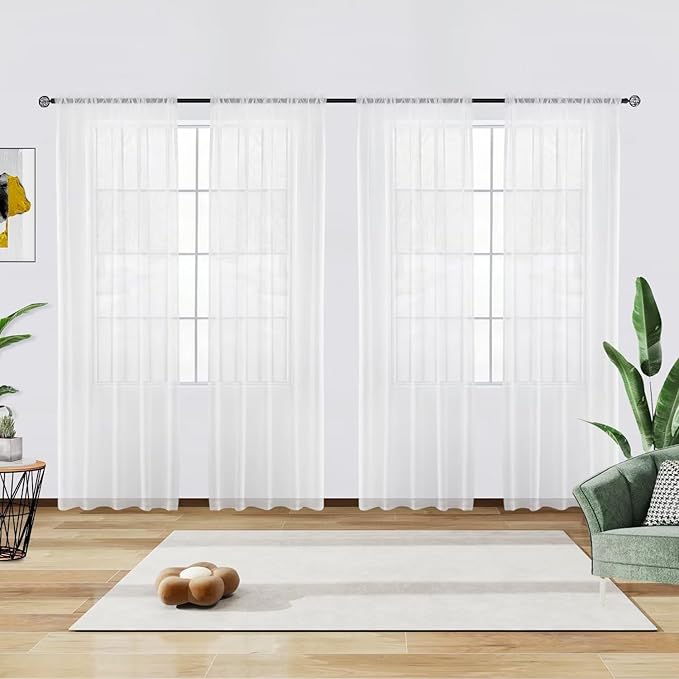 youleyar Solid Sheer Rod Pocket Curtain Voile Draperies 4 Panels White Beige Black Grey Ivory 52 Inch Width 54 Inch Long 1 Pair for Kitchen Bedroom Children Living Room Yard(White,52 Wｘ54 L)