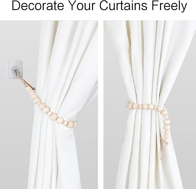 OCIOLI 2 Pieces of Wood Bead Curtain Tieback Boho Curtain Tiebacks Curtain Holdbacks for Wall Curtain Ties Curtain Tie Backs with Hooks for Boho Decor Bedroom Decor Nursery Decor (Wood Color,2)