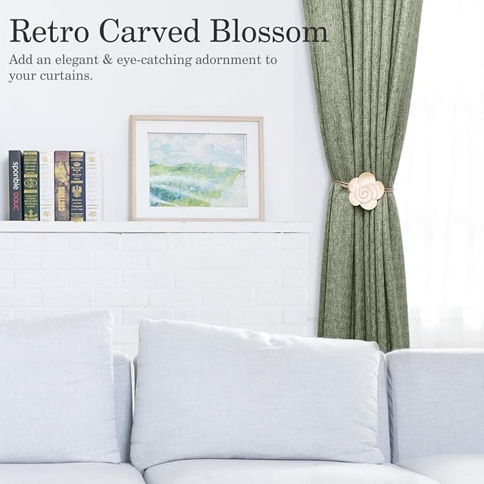 Lewondr Magnetic Curtain Tiebacks, Vintage Curtain Holdback, Resin Flower Curtain Ties with Rope Drapery Retro Window Curtain Decorative Buckle Holder for Outdoor, Home Office, and Cafe Balcony, Beige