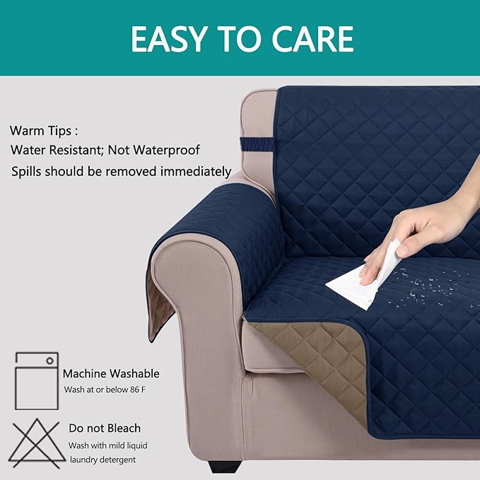 U-NICE HOME Loveseat Sofa Cover Reversible Couch Cover for Dogs with Elastic Straps Water Resistant Furniture Protector for Pets Couch Cover for 2 Cushion Couch (Loveseat, Navy/Taupe)
