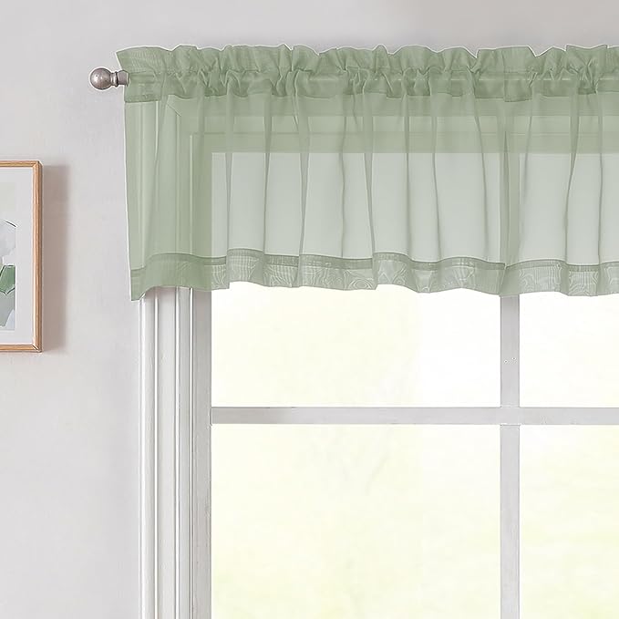 Sage Green Valances for Windows, Sheer Curtains 14 Inch Length 2 Pack Kitchen Curtain, Modern Solid Mini Small Window Curtains for Cafe Bathroom Basement, Sage Green, Each 42" Wx14 L Inches