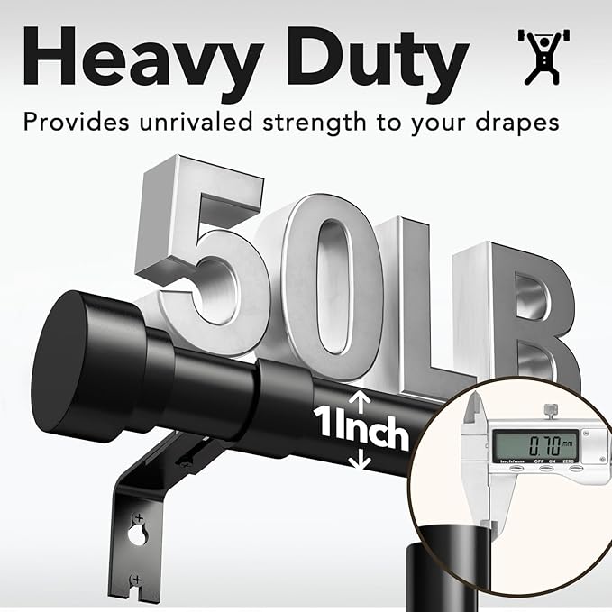 Extra Long Curtain Rods for Windows 32 to 170 Inch, 1 Inch Black Heavy Duty Curtain Rods for Patio, Farmhouse, Bedroom, Living Room, Adjustable Metal Drapery Rod (A1,Black,32"-170")