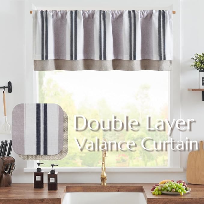 jinchan Striped Linen Curtain 18 Inch Window Treatment for Living Room Small Window Double Layer Blackout Black and Grey Pinstripe Valance Rod Pocket 1 Panel