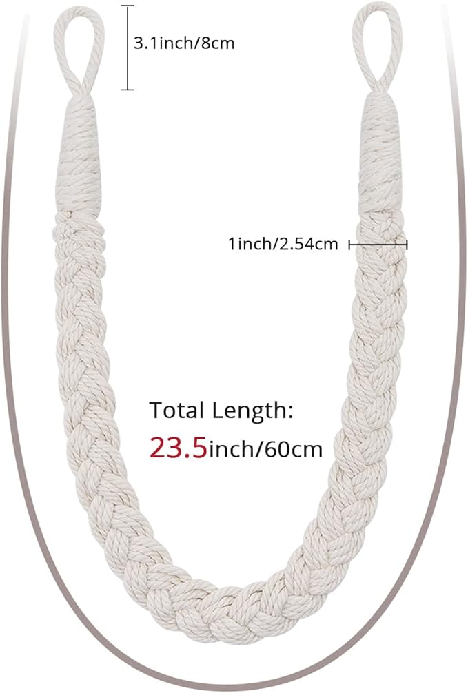 NICEEC 4 Pack Natural Cotton Rope Curtain Tiebacks Elegant Boho Style Decorative Drape Tie Backs Soft Hand-Woven Rope Curtain Holdbacks with Metal Hook for Home & Office Drapery (Beige)