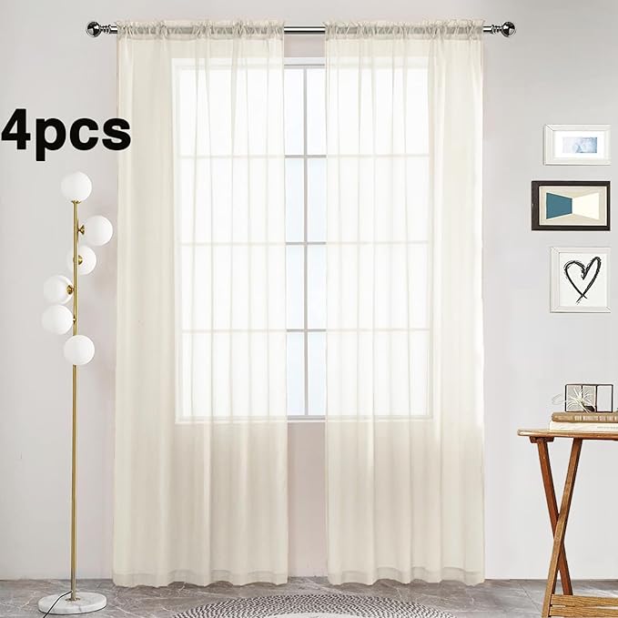 SpaceDresser Ivory Sheer Curtains 4 Panels Rod Pocket Semi-Sheer Curtain 54 Inches Long Light Filtering Voile Window Drapes for Bedroom Living Room Kitchen, Each 52W x54L