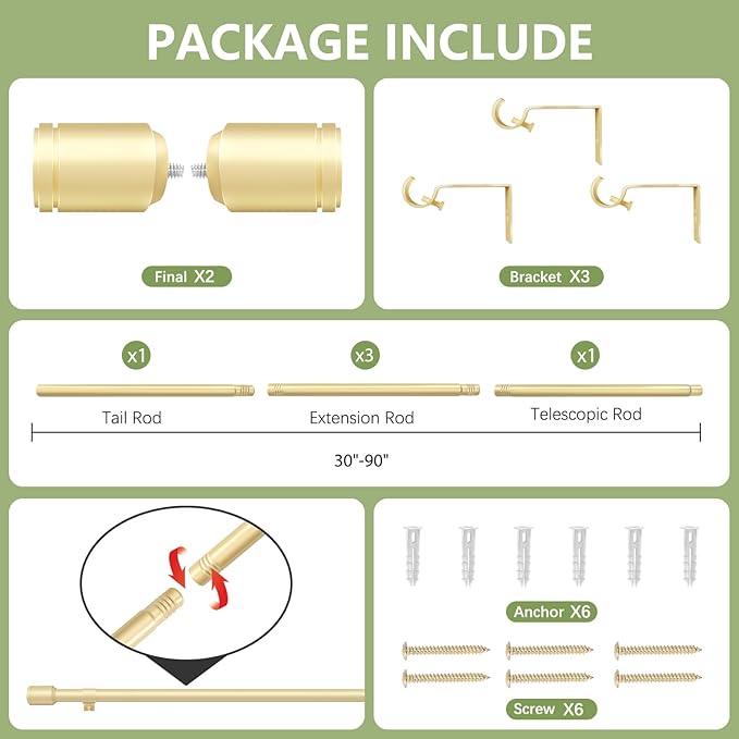 5/8” Diameter Curtain Rods 30-90 Inch, for 30-84 Inch Windows, Adjustable Splicing Gold Curtain Rods for Windows with Brackets, Window Rod Long Small Curtains Rod