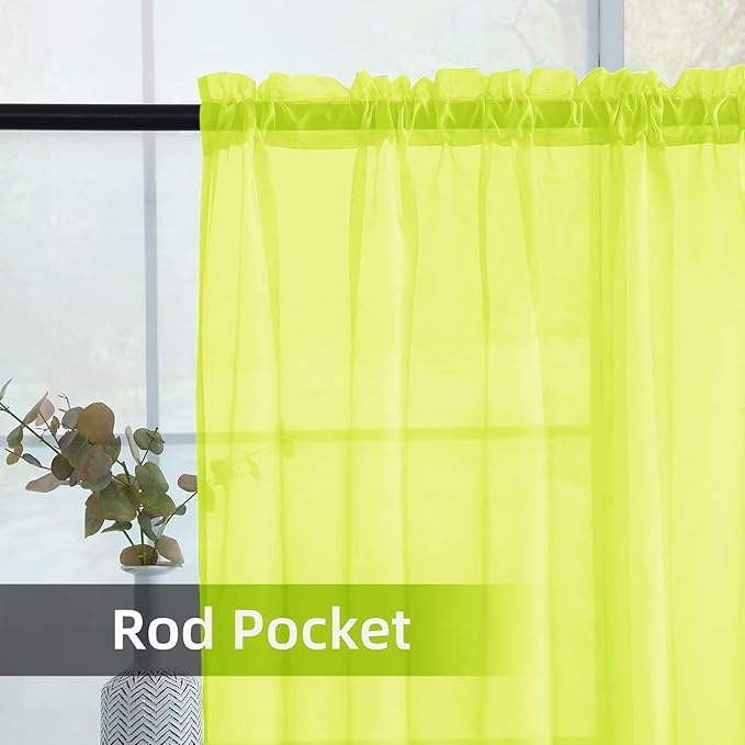 youleyar Solid Sheer Rod Pocket Curtain Voile Draperies 2 Panels White Beige Black Grey Ivory 52 Inch Width 108 Inch Long 1 Pair for Kitchen Bedroom Children Living Room Yard (Chartreuse,52Wｘ108L)