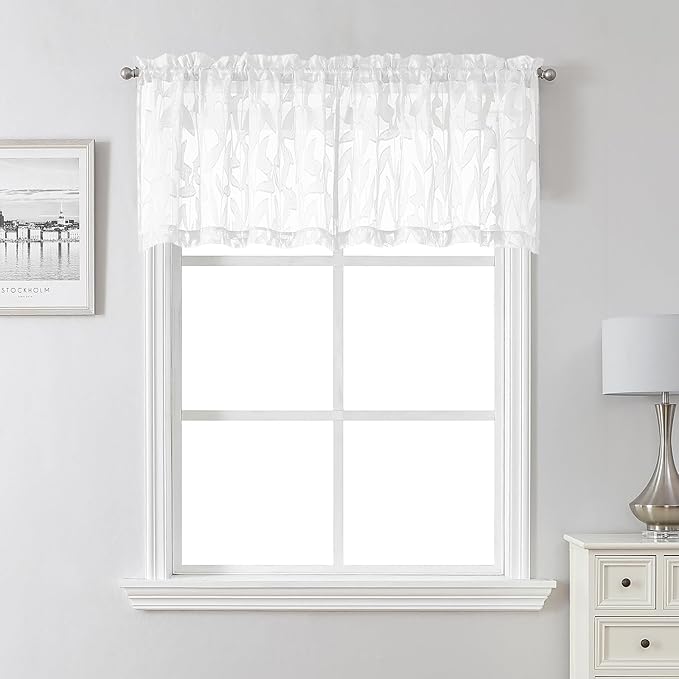 Lecloud Leia White Sheer Valances for Windows 18 Inch Length 2 Pcs, Dual Rod Pocket Small Voile Kitchen Curtains, Jacquard Leaf Textured Cafe Curtains for Bathroom RV, Each Panel 28" W x 18" L