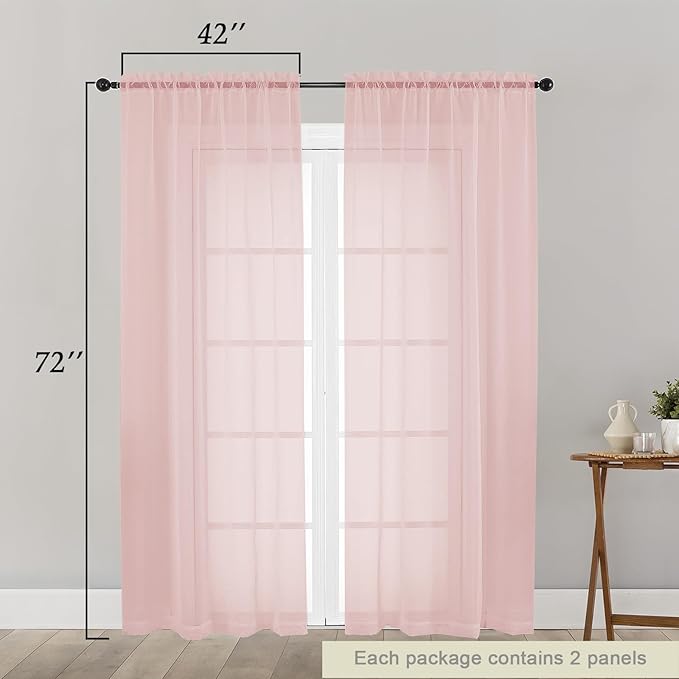 Blush Sheer Curtain for Bedroom Living Room 72 Inches Long 2 Panels Set, Solid Soft Airy Light Filtering Sheer Window Curtains, Modern Rod Pocket Door Curtain, Blush, 42" Wx72 L Inches