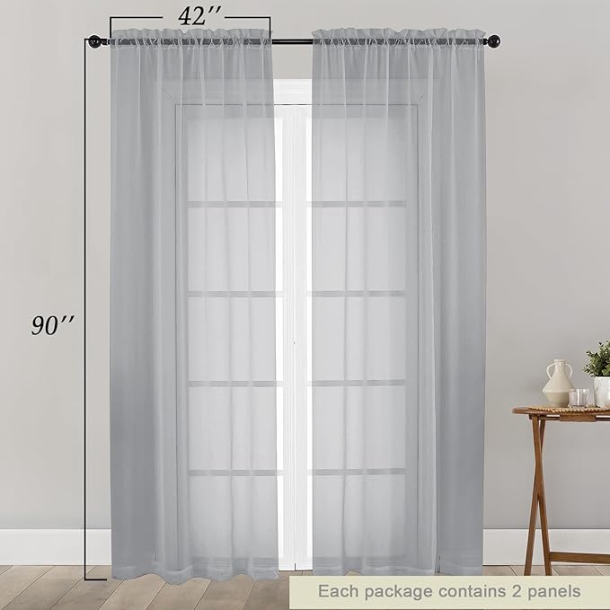 Sheer Light Grey Curtains for Bedroom Living Room 90 Inches Long 2 Panels Set, Soft Airy Light Filtering Sheer Window Treatments, Modern Rod Pocket Curtains Drapes, Each 42" Wx90 L Inch