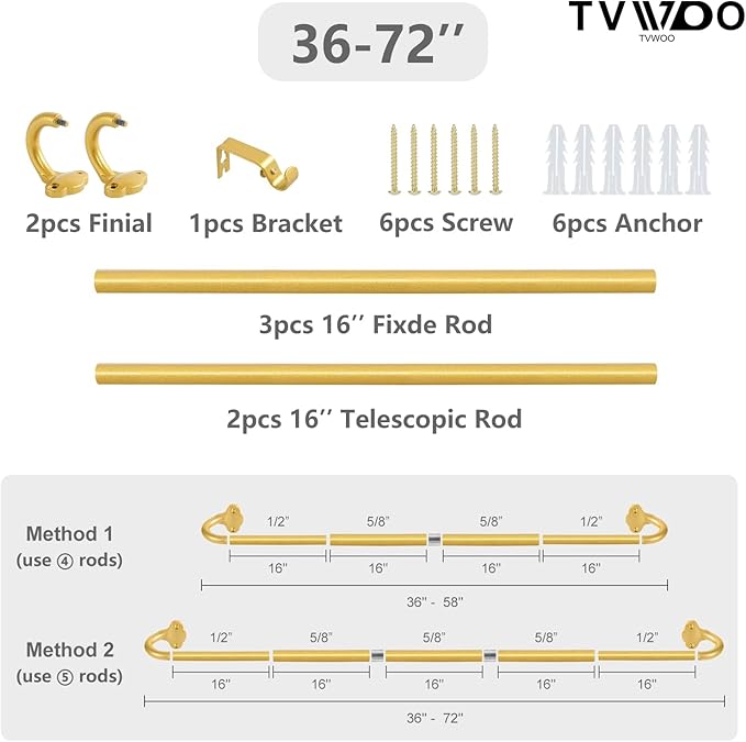 TVWOO Gold Wrap Around Curtain Rods:5/8" Small Blackout Adjustable Window Curtain Rod for Bedroom Kitchen Apartment Renter Friendly,Room Darkening Curved Drapery Rods Easy Install,Brass Golden 36-72"