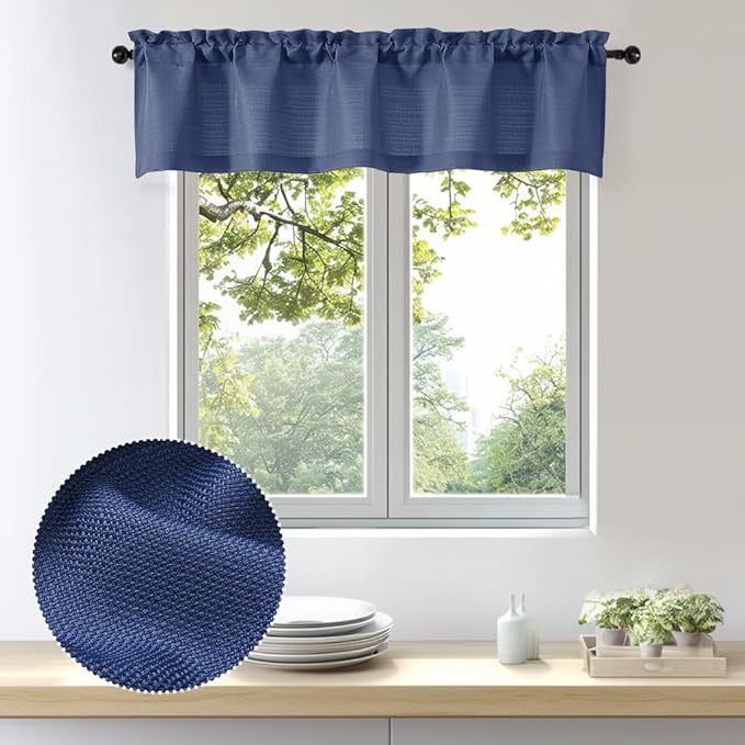 OWENIE Bob 1 PCS Blue Valances for Windows, Faux Linen Textured Kitchen Window Curtains Valance for Bedroom Living Room, Modern Soft Airy Solid Rod Pocket Bathroom Cafe Curtain, 60Wx14L Inch