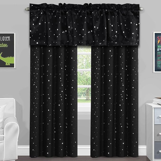 H.VERSAILTEX Blackout Curtain Valances for Kitchen Window/Living Room/Bathroom Privacy Added Rod Pocket Home Decoration Winow Valance, 52" W x 18" L, Glitter Stars in Black Base