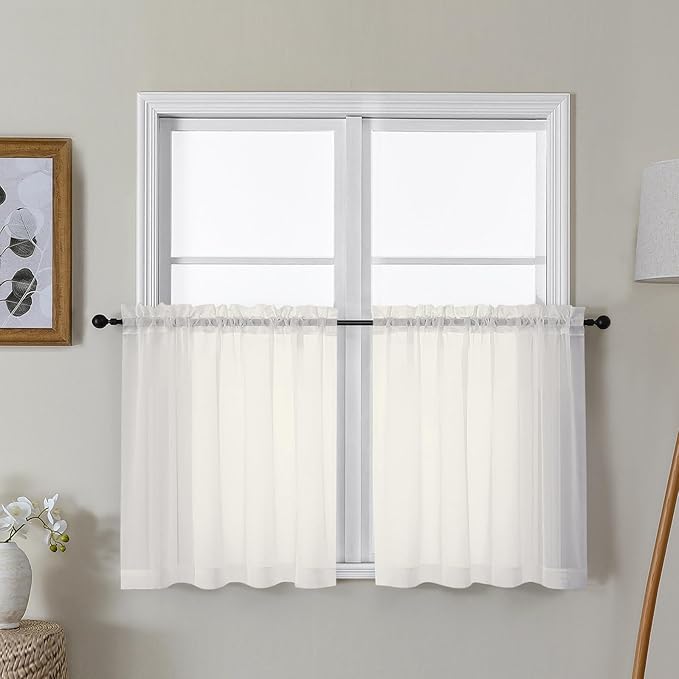 Gwine Ivory Sheer Curtain Tiers 24 Inch Length, Light Filtering Voile Short Curtain for Living Room Bedroom, Rod Pocket Cafe Curtains for Small Windows 42x24 Inch, 2PCS