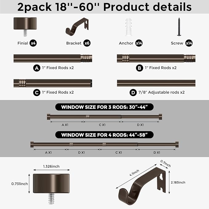VOIIY 2 Pack Curtain Rods for Windows 28 to 48 Inch(1.5-5 Feet), Bronze 1'' Diameter Drapery Rods with End Cap Style Design,Modern Adjustable Heavy Duty Curtain Rod,Size:30''-60''