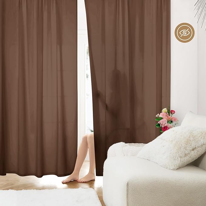 HOMEIDEAS Non-See-Through Brown Privacy Sheer Curtains, 52 X 54 Inches Long 2 Panels Sheer Curtains Light Filtering Window Drapes for Bedroom Living Room