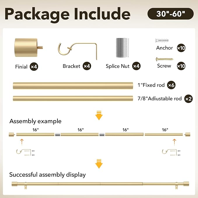 IFELS 2 Pack Heavy Duty Curtain Rods for Windows 28 to 48 Inch, 1 Inch Gold Curtain Rods Set of 2 Pack for Outdoor, Farmhouse, Bedroom, Adjustable Easy Install Drapery Rod (A2,Gold,30"-60"-2Pack)