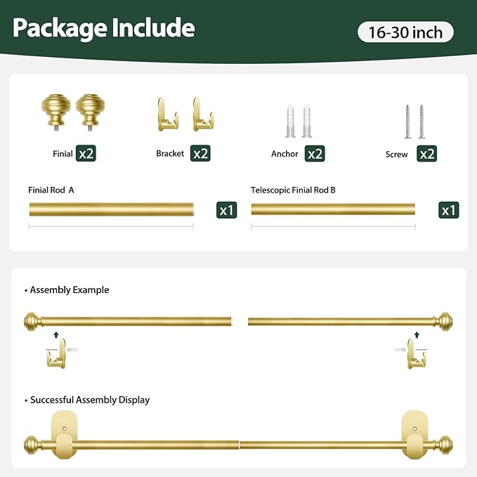 KAMANINA Curtain Rods No Drilling for Windows 16 to 30 Inches, 5/8 Inch Diameter Telescoping Drapery Pole with Adhesive Brackets, Gold