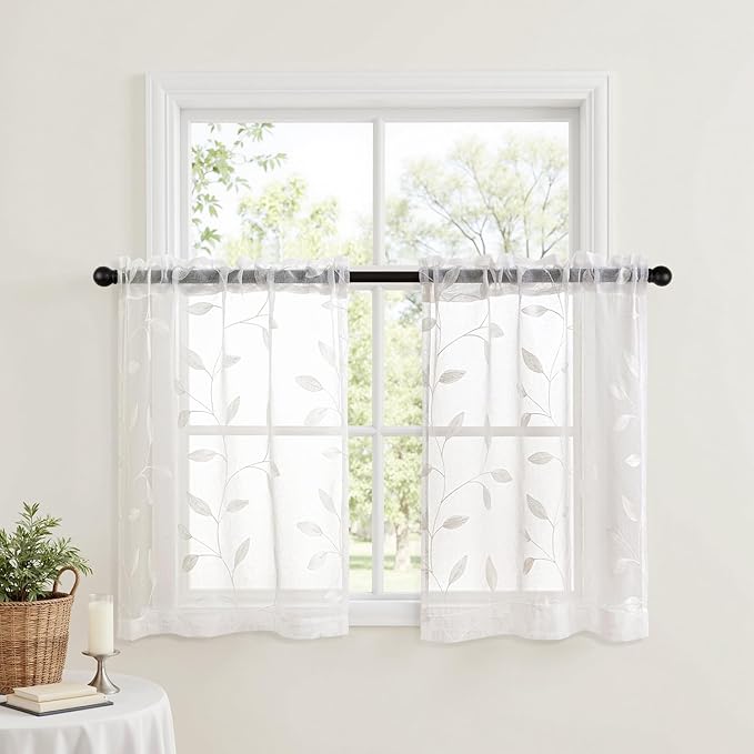 MIULEE White Sheer Curtains 2 Panels Embroidered Leaf Patterned Rod Pocket Floral Semi Sheer Faux Linen Short Window Curtains Drapes Set for Kitchen Bathroom Cafe, 30x30 Inches Length