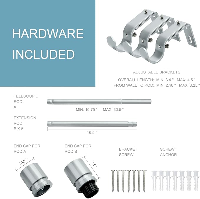 Byondeth Curtain Rods for Windows 16 to 144 Inches Adjustable Length 1 Inch Diameter Window Curtain Rod with Aluminium End Cap, Silver Gray