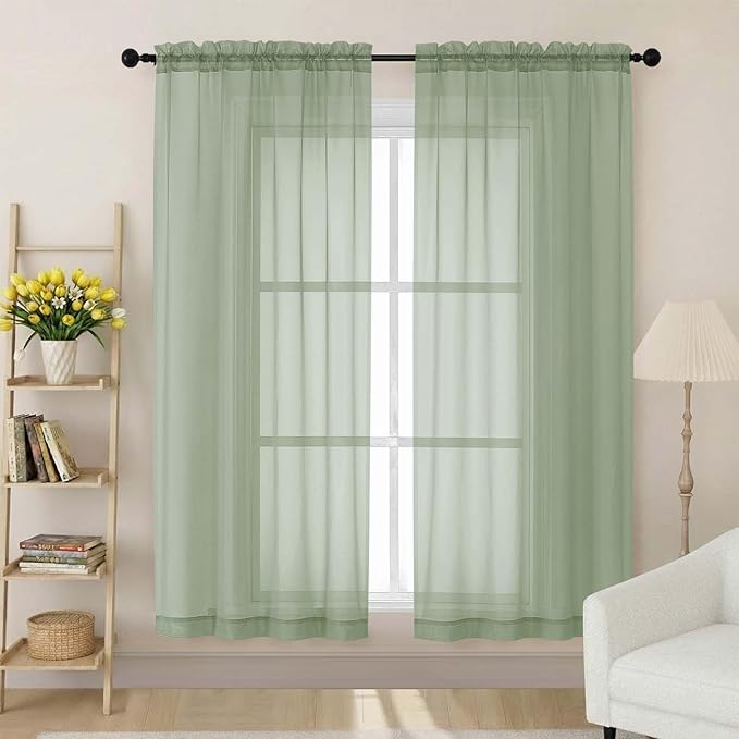 Sheer Sage Green Curtains for Bedroom Living Room 63 Inch Length 2 Panels, Airy Soft Light Filtering Sheer Dining Room Curtains, Modern Rod Pocket Drapes, Sage Green, Each 42" Wx63 L Inches