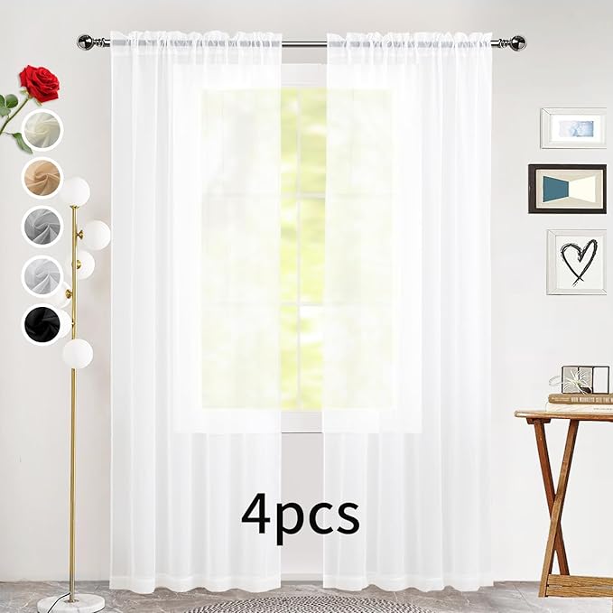 SpaceDresser Sheer White Curtains 4 Panels Rod Pocket Semi-Sheer Curtain 72 Inches Long Light Filtering Voile Window Drapes for Bedroom Living Room Kitchen, Each 52W x 72L