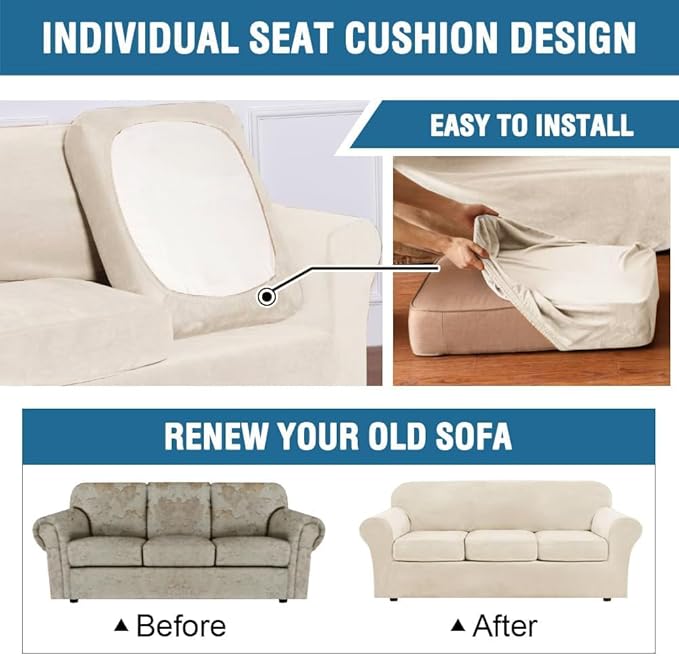 H.VERSAILTEX Modern Velvet Plush 4 Piece High Stretch Sofa Slipcover Sofa Cover Furniture Protector Form Fit Thick Velvet Sofa Cover for 3 Cushion Couch Width Up to 90 Inch (Sofa, Cream)