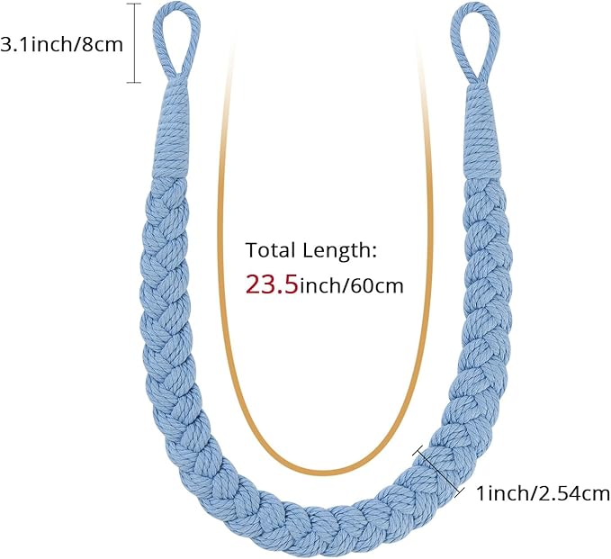 NICEEC 2 Pack Natural Cotton Rope Curtain Tiebacks Elegant Boho Style Decorative Drape Tie Backs Soft Hand-Woven Rope Curtain Holdbacks with Metal Hook for Home & Office Drapery (Light Blue)