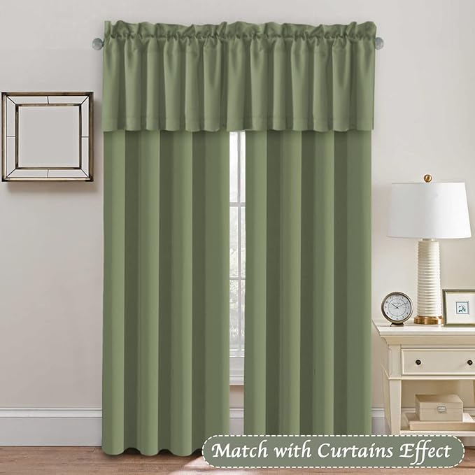 H.VERSAILTEX Blackout Sage Green Curtains Valances for Windows,Kitchen Valance Curtains for Living Room/Bedroom/Bathroom/Basement Privacy Rod Pocket, 4 Panels 52" W x 18，Sage