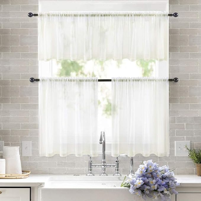 MIULEE 2 Panels Kitchen Tiers Half Window Sheer Curtains Rod Pocket Voile Drapes for Kitchen Bathroom Small Windows 54 by 24 Inch Ivory