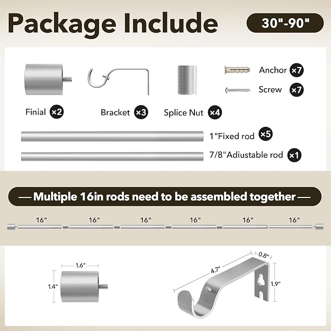 IFELS Heavy Duty Curtain Rods for Windows 48 to 84 Inch, 1 Inch Silver Curtain Rods for Outdoor, Farmhouse, Bedroom, Kitchen, Living Room, Adjustable Easy Install Drapery Rod (A2,Silver,30"-90")
