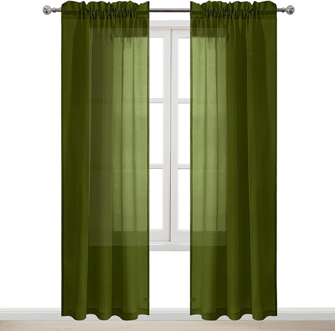 DWCN Olive Green Sheer Curtains Semi Transparent Voile Rod Pocket Curtains for Bedroom and Living Room, 42 x 84 inches Long, Set of 2 Panels
