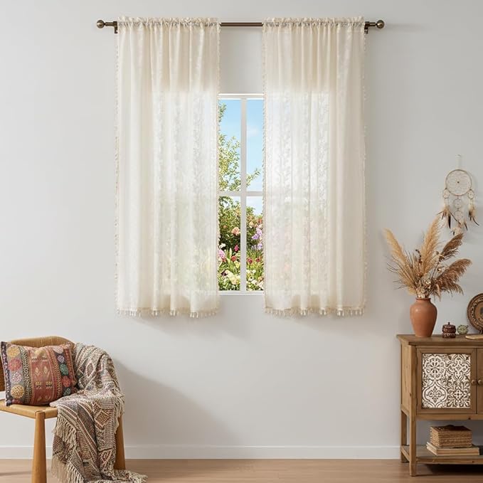 WAZZIO Boho Lace Curtains 2 Panels 63 Inches -Cute Vintage Victorian Sheer Panel Drape French Country Floral Pattern & Tassel Light Filtering Privacy for Bedroom Dining Living Room,Beige,W52x L63