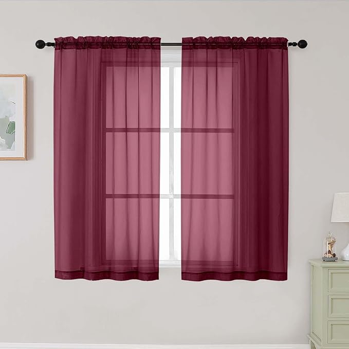 Burgundy Sheer Curtains for Bedroom Living Room 45 Inch Length 2 Panels, Soft Airy Light Filtering Small Kitchen Window Curtains, Rod Pocket Short Curtain Drapes, Burgundy, 42" Wx45 L Inches