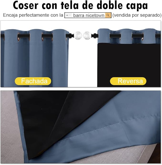 NICETOWN Insulated 100% Blackout Curtains, Noise Reducing Performance Drapes with Black Lining, Full Light Blocking Draperies for Overnight Shift Worker (Stone Blue, 1 Pair, 46 inches x 90 inches)