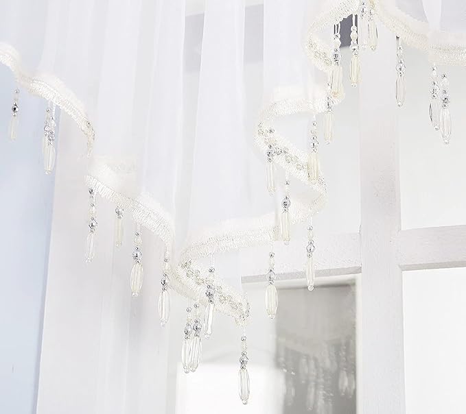 Molaxhome Swag Curtain 51 inch Length Rod Pocket Scalloped Curtain Valance Sheer Lace Panels with Hanging Crystal Beads for Kitchen Bedroom Window Treatments Drape Decor 1pc (White, 51Wx23L)