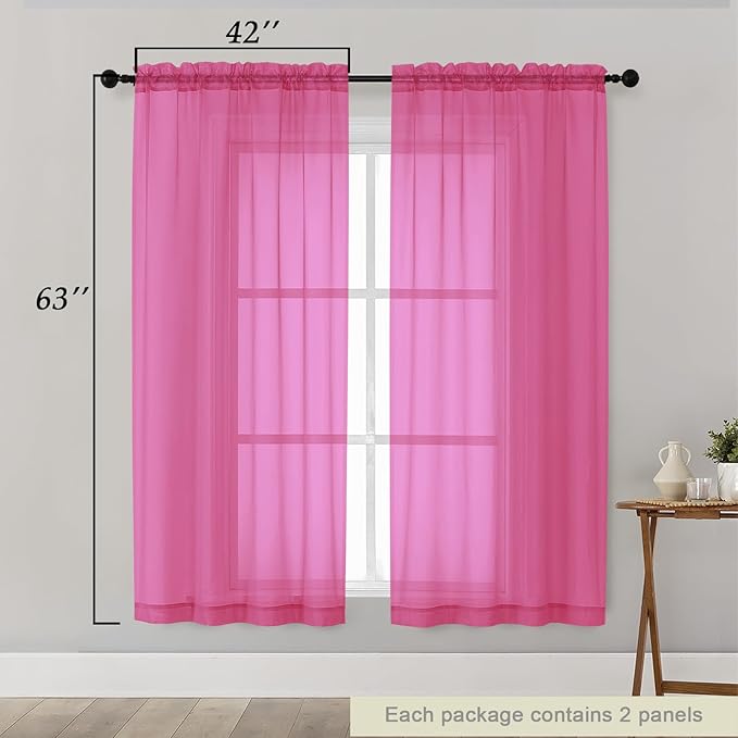 Hot Pink Sheer Curtains 63 Inch Length 2 Panels Set for Living Room Bedroom, Airy Soft Light Filtering Sheer Dining Room Curtains, Modern Rod Pocket Drapes, Hot Pink, Each 42" Wx63 L