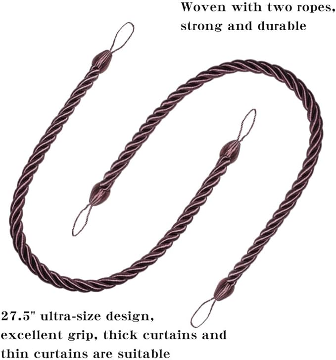 BEL AVENIR Curtain Rope Tiebacks, Drapery Rope Holdbacks with 4 Metal Screw Hooks (Purple, 4pack)